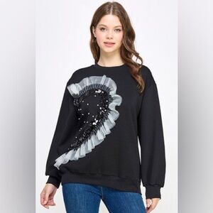 Black Women's Crewneck Sweatshirt with Ruffle & Sequin Heart